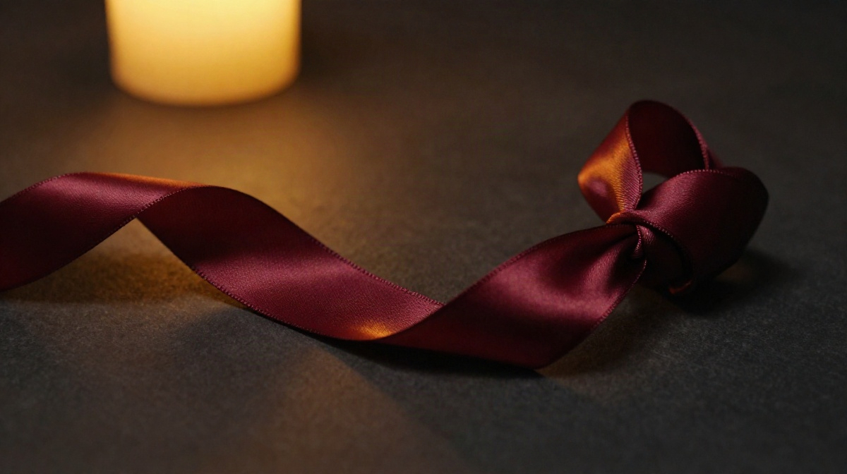 Шелковая лента burgundy — свободный изгиб переходит в тугую петлю на тёмном фоне, символика фетиша и зависимости